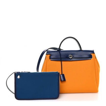 Hermes Military Toile Vache Hunter Verso Herbag Zip Retourne 31 PM Jaune Or Bleu Outremer Bleu Saphir
