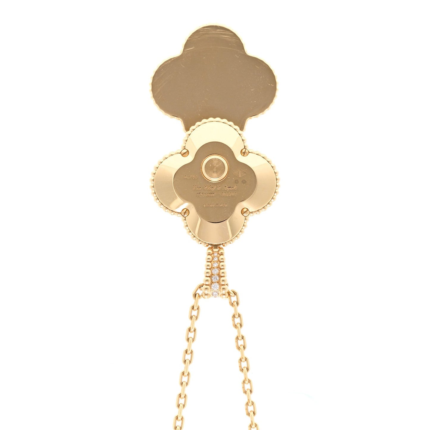 Van Cleef & Arpels 18K Yellow Gold Diamond Turquoise Mother of Pearl 28mm Alhambra Secret Pendant Quartz Watch