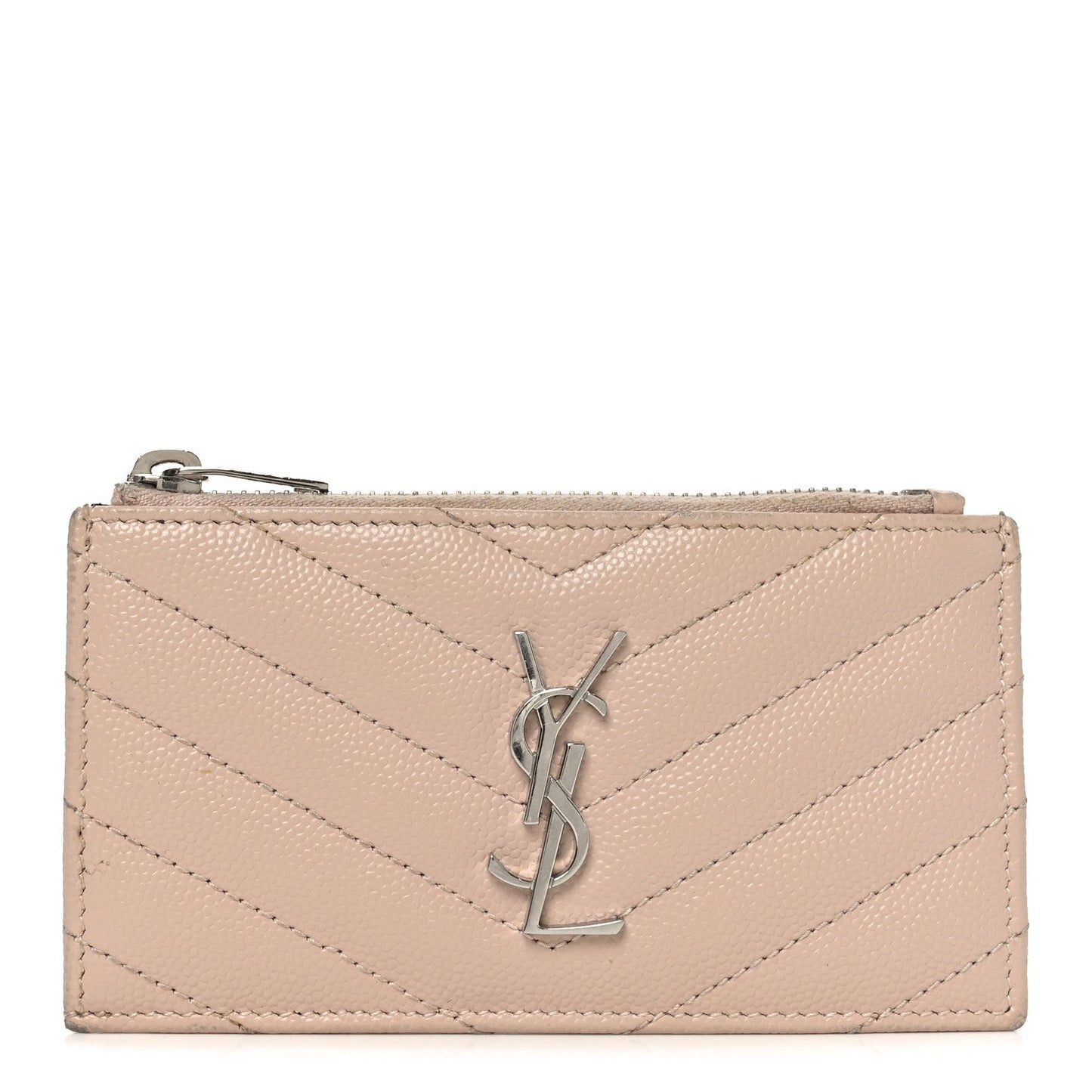 Saint Laurent Grain De Poudre Matelasse Chevron Monogram Fragments Zippered Card Case Marble Pink