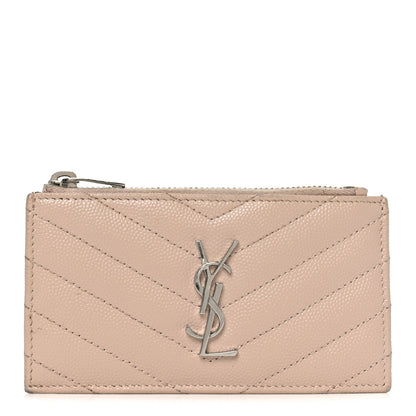 Saint Laurent Grain De Poudre Matelasse Chevron Monogram Fragments Zippered Card Case Marble Pink