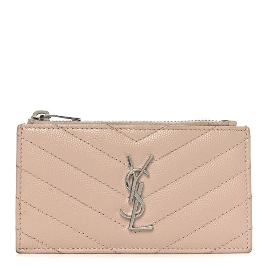 Saint Laurent Grain De Poudre Matelasse Chevron Monogram Fragments Zippered Card Case Marble Pink
