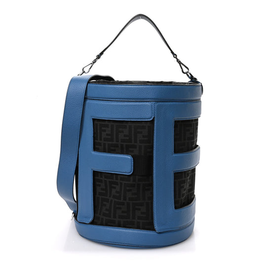 Fendi Jacquard Vitello Logo Bucket Bag Blue