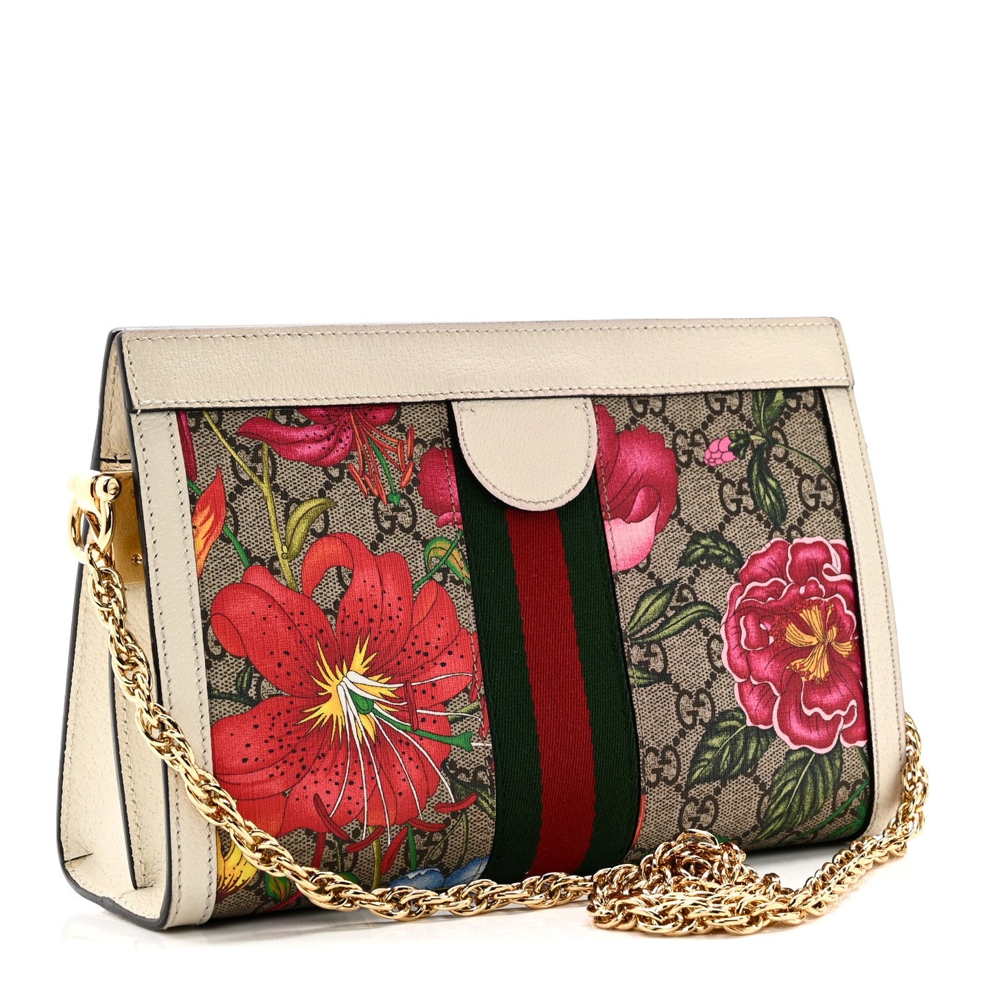 Gucci GG Supreme Monogram Flora Web Small Ophidia Chain Shoulder Bag White