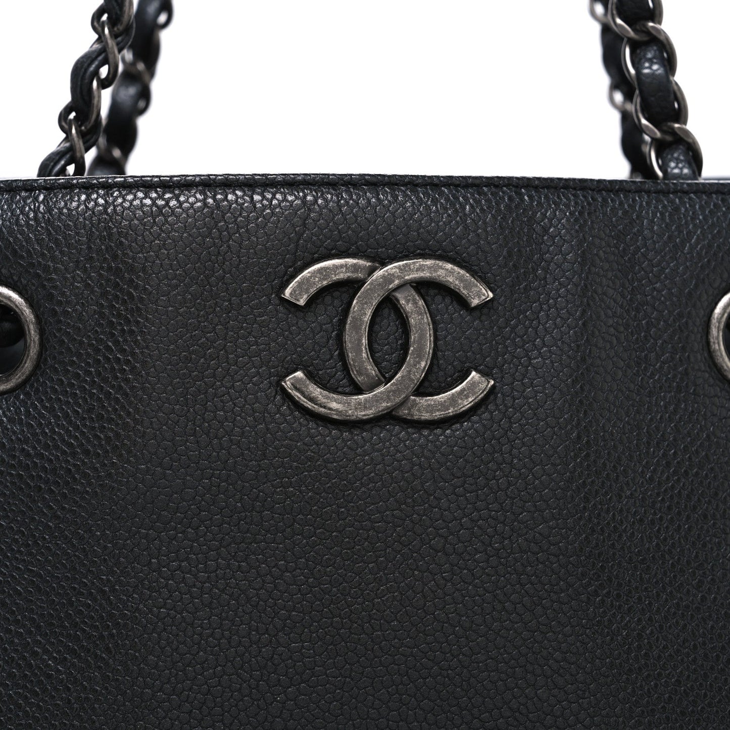 Chanel Metallic Grained Calfskin Medium Woven Chain Shopping Bag Black