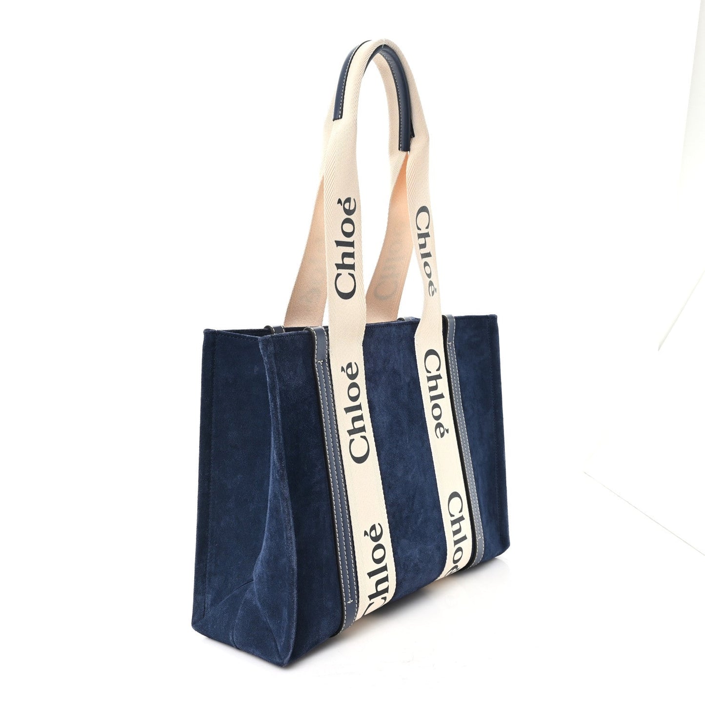 Chloe Suede Calfskin Medium Woody Ribbon Tote Navy