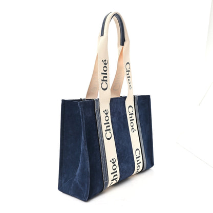 Chloe Suede Calfskin Medium Woody Ribbon Tote Navy