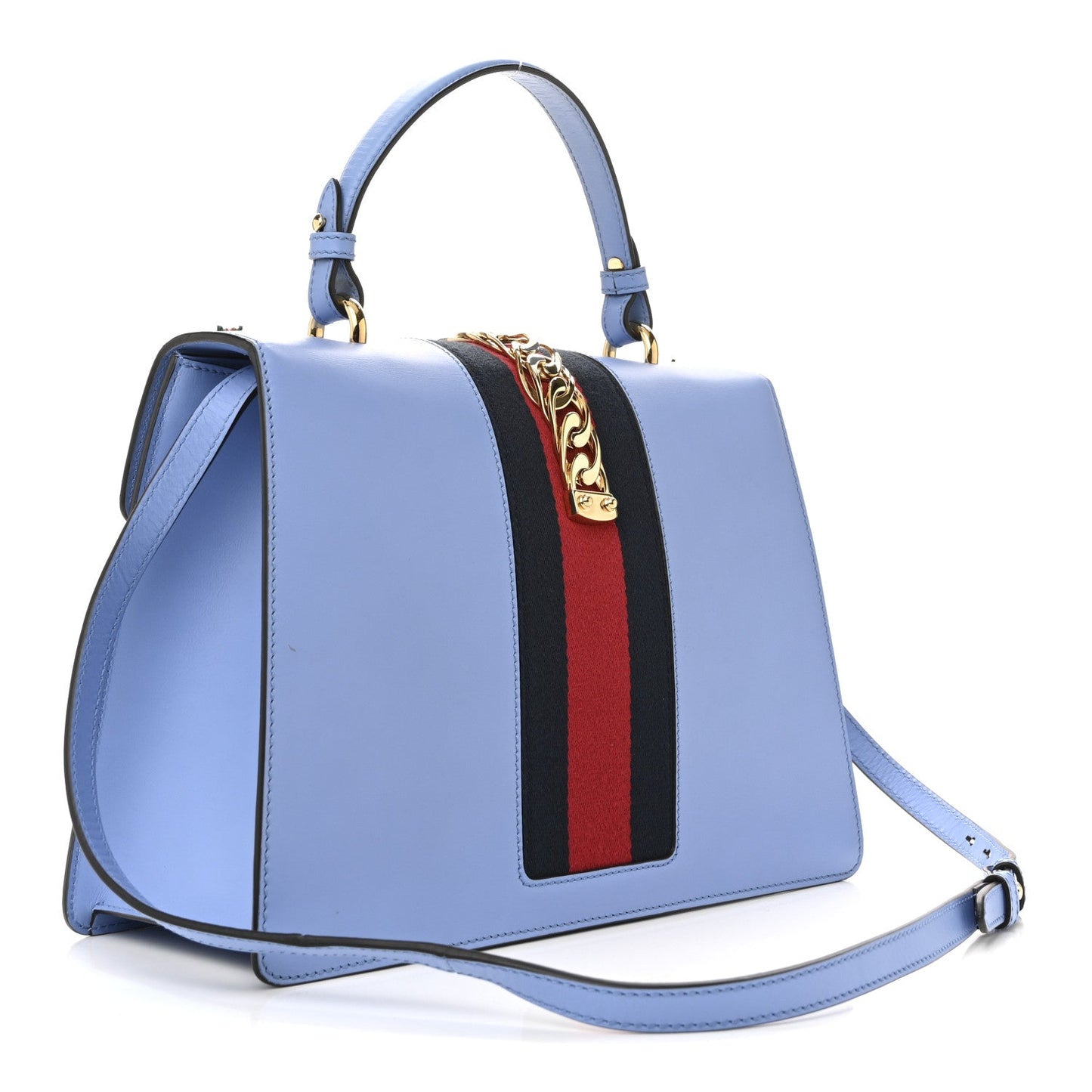 Gucci Calfskin Embroidered Medium Sylvie Top Handle Bag Clear Sky Blue