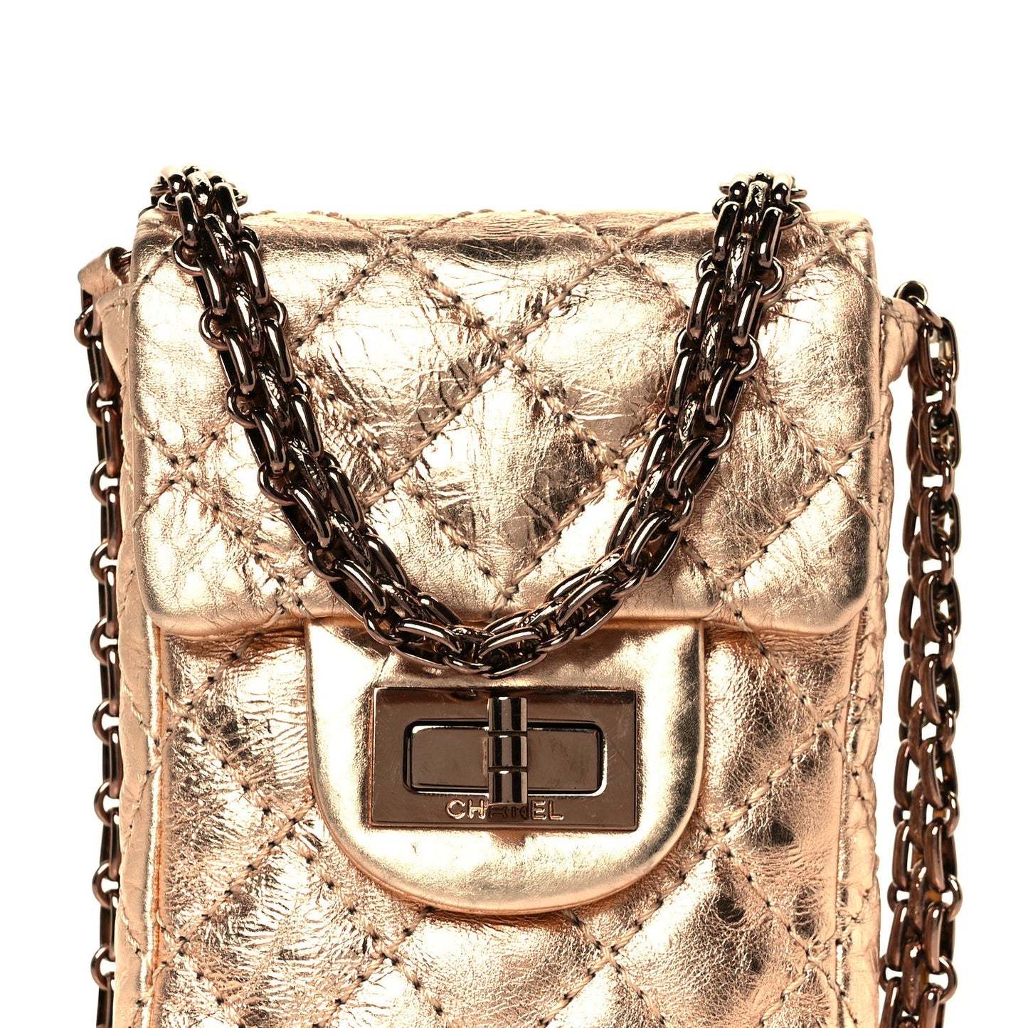 Chanel Metallic Aged Calfskin Quilted 2.55 Reissue Phone Case Rose Gold