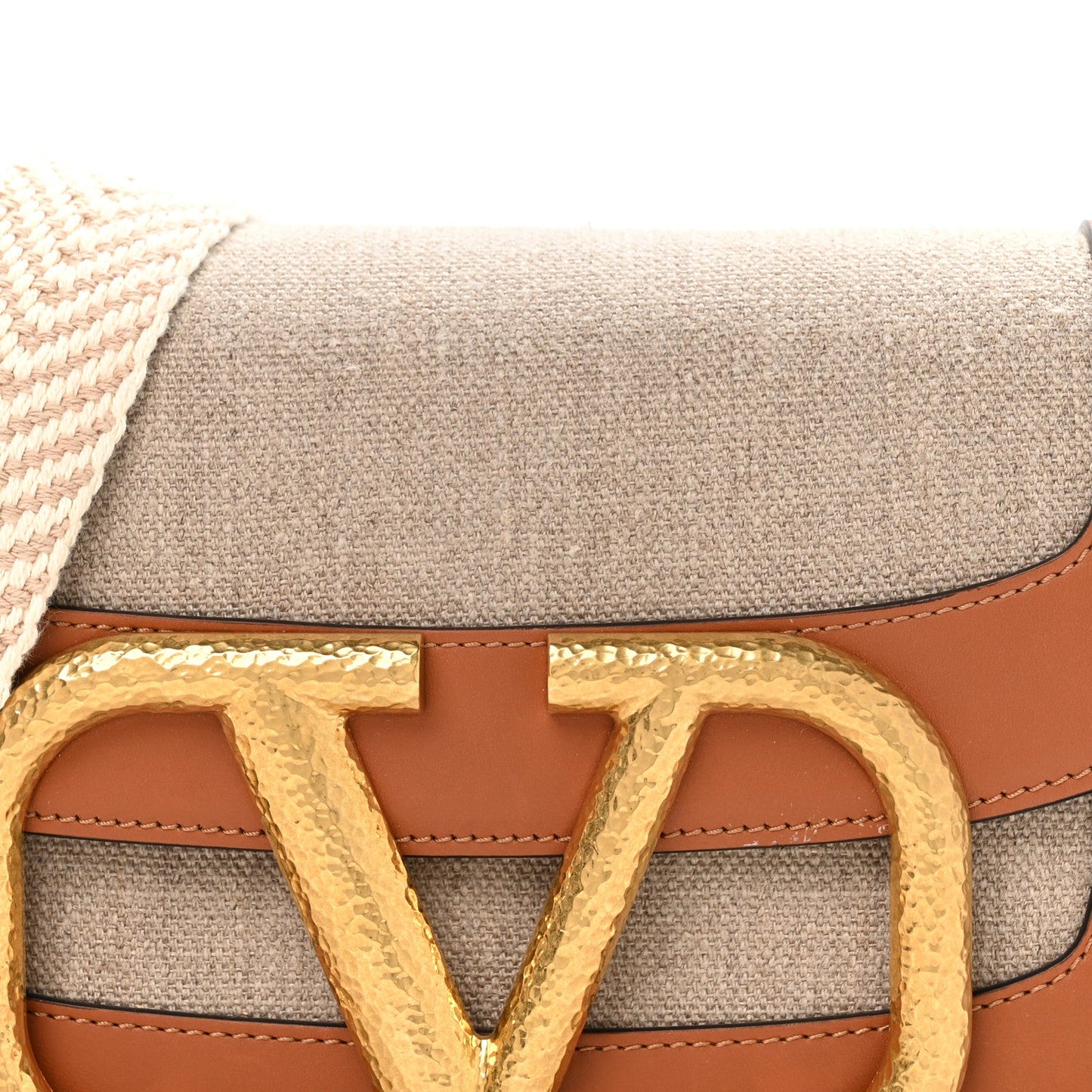 Valentino Garavani Calfskin Linen Supervee Crossbody Bag Saddle Brown Natural