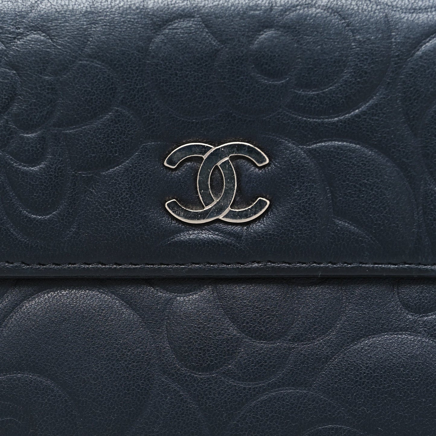 Chanel Lambskin Camellia Embossed Long Double Wallet Black