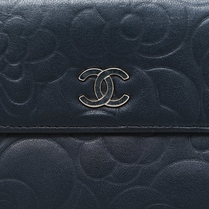 Chanel Lambskin Camellia Embossed Long Double Wallet Black