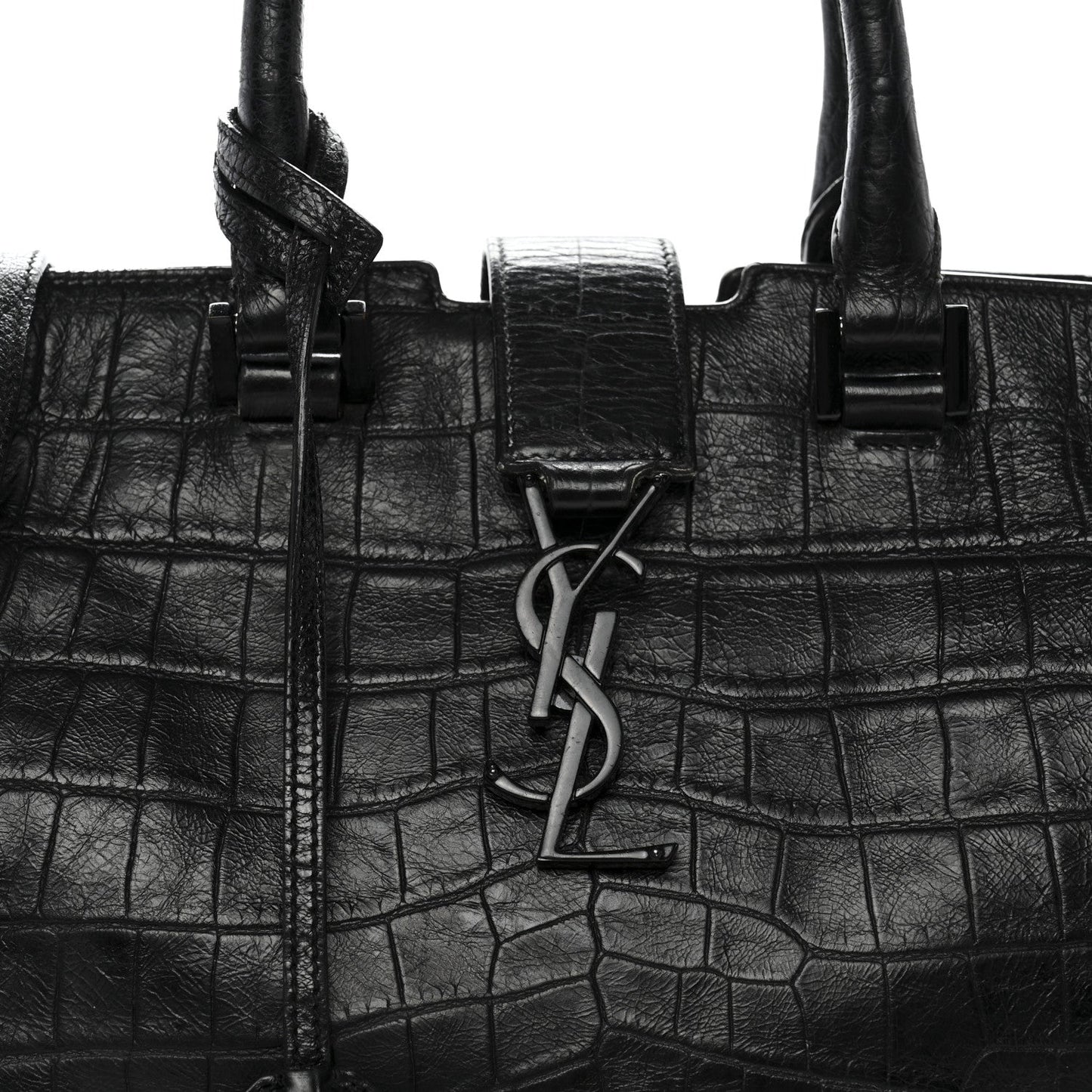 Saint Laurent Calfskin Crocodile Embossed Small Monogram Cabas Black