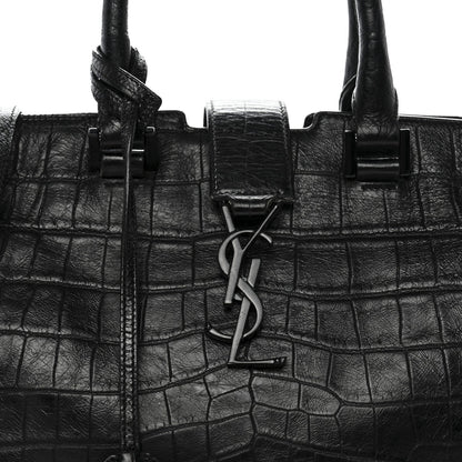 Saint Laurent Calfskin Crocodile Embossed Small Monogram Cabas Black