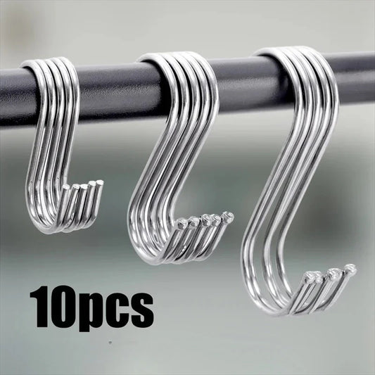 Three metal S-hooks hanging on a rod with '10pcs' text below.