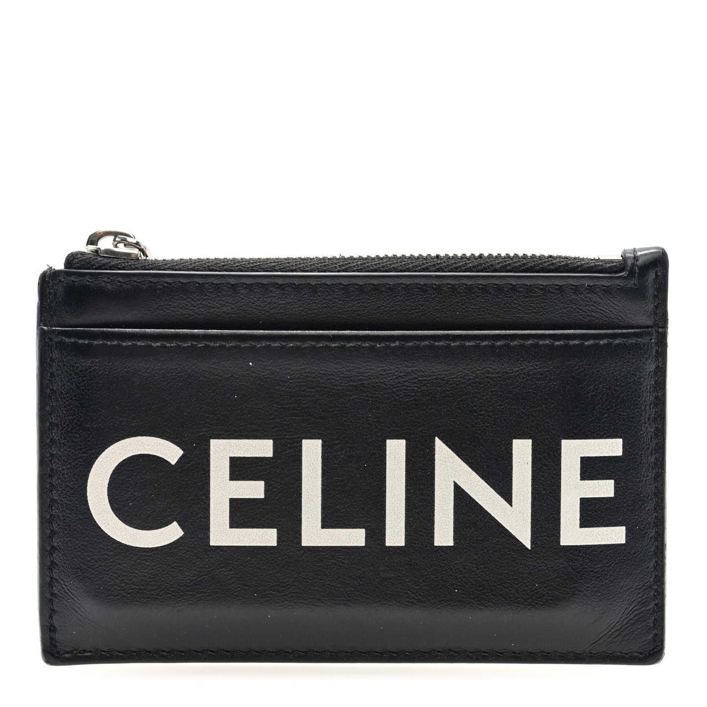 Celine Smooth Lambskin Zip Logo Card Holder Black White
