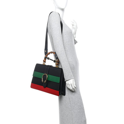 Gucci Moon Calfskin Web Large Dionysus Bamboo Top Handle Bag Black Bright Evergreen Hibiscus Red