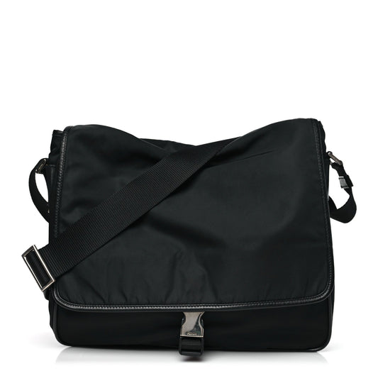 Prada Tessuto Nylon Saffiano Single Snap Buckle Flap Messenger Bag Black