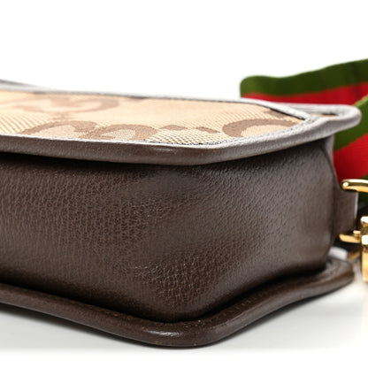 Gucci Monogram Jumbo GG Textured Dollar Calfskin Web Mini Crossbody Bag Camel Ebony New Acero