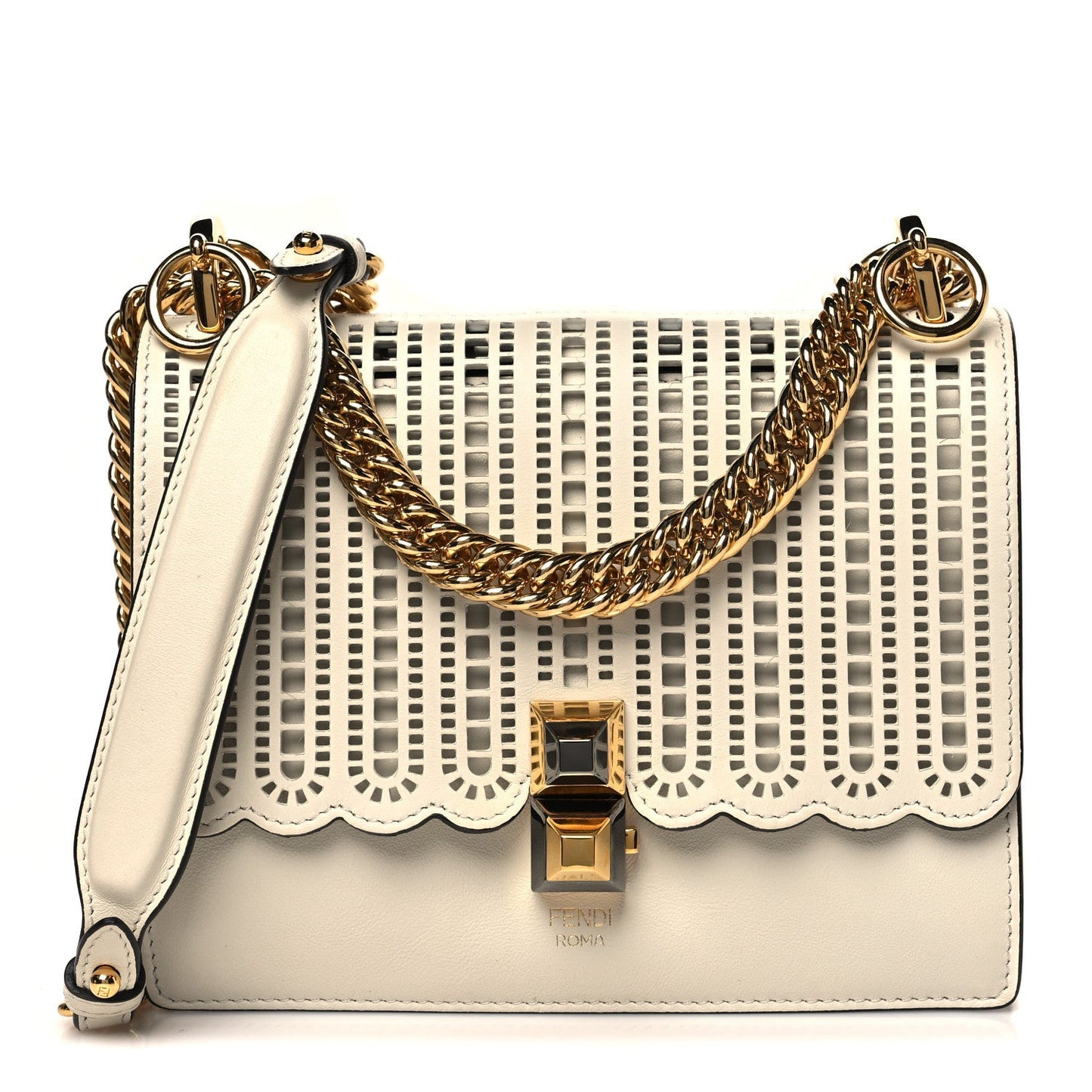 Fendi Vitello Grace Openwork Small Kan I Shoulder Bag White Ice