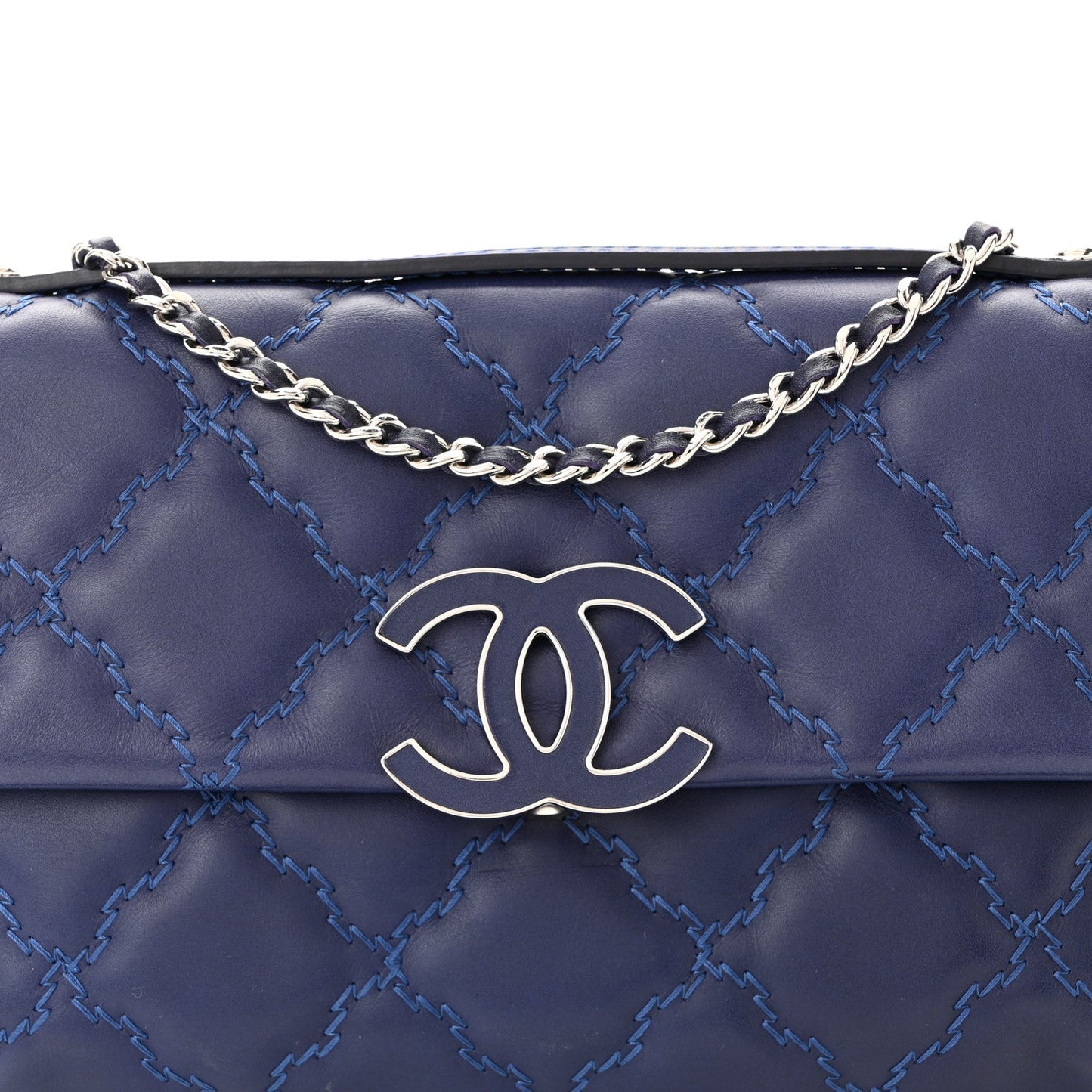 Chanel Calfskin Quilted Double Stitch Hamptons Clutch with Chain Blue
