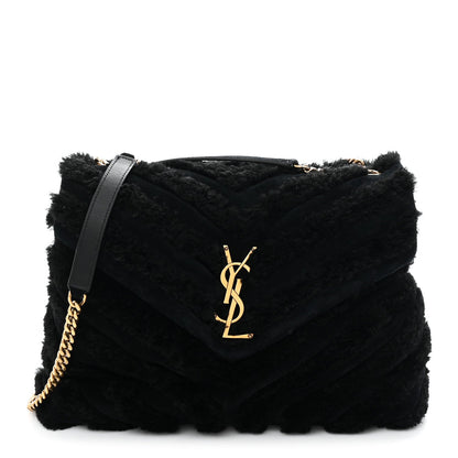 Saint Laurent Shearling Y Quilted Monogram Medium Loulou Chain Satchel Black