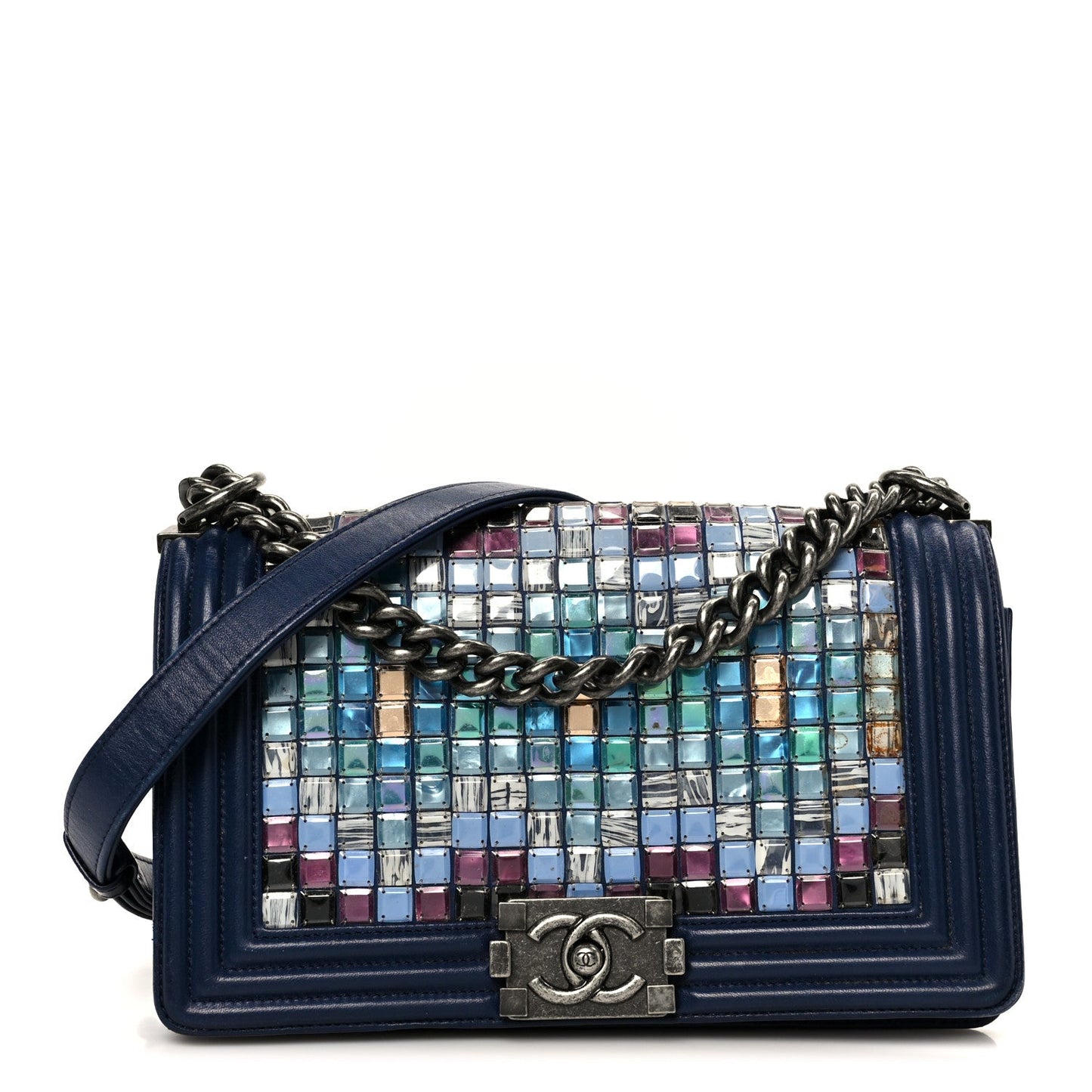 Chanel Lambskin Tile Medium Mosaic Boy Flap Navy Multicolor