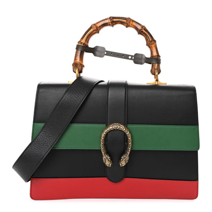 Gucci Moon Calfskin Web Large Dionysus Bamboo Top Handle Bag Black Bright Evergreen Hibiscus Red