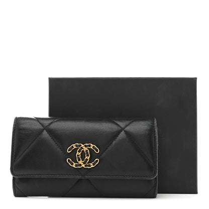 Chanel Shiny Goatskin Quilted Chanel 19 Flap Wallet Black