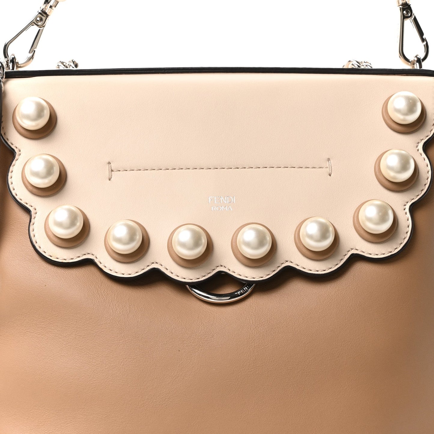 Fendi Vitello Century Pearl Bi-Color Scalloped Back to School Backpack Cuoio Camelia
