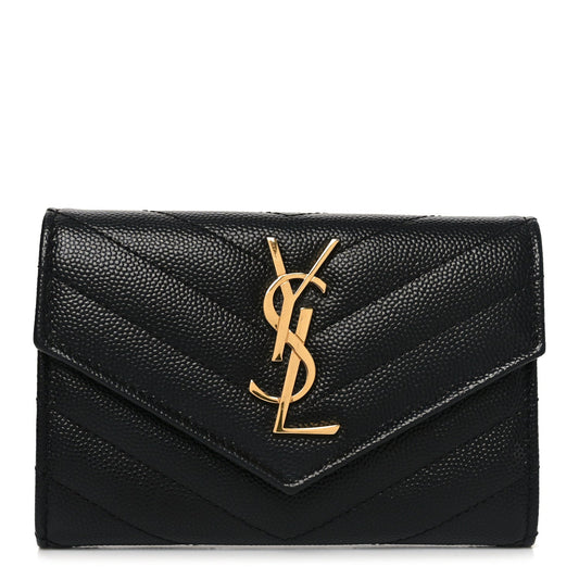 Saint Laurent Grain De Poudre Matelasse Chevron Small Monogram Envelope Wallet Black