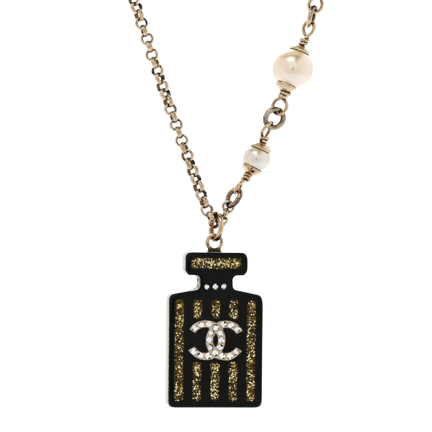Chanel Resin Strass Pearl Perfume Bottle CC Necklace Black Gold