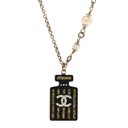 Chanel Resin Strass Pearl Perfume Bottle CC Necklace Black Gold