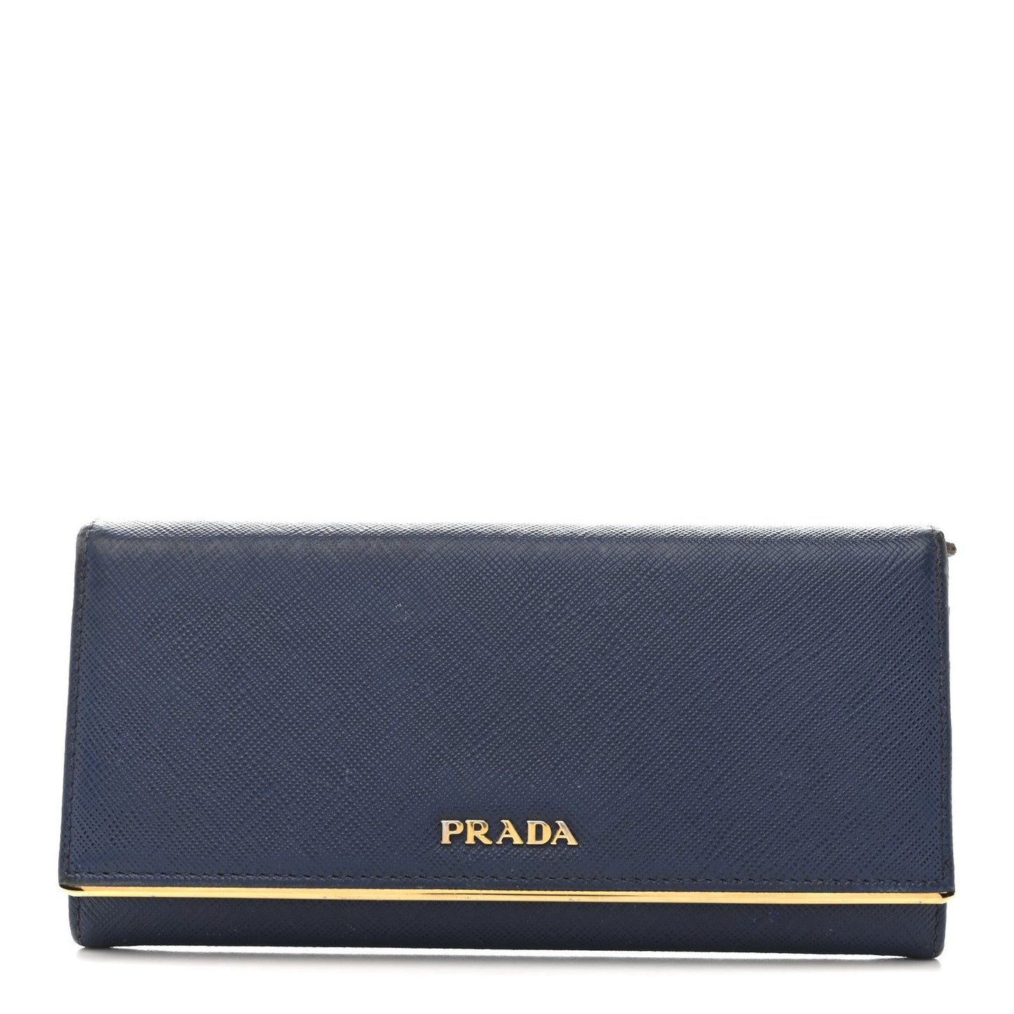 Prada Saffiano Metal Bar Continental Flap Wallet Bluette