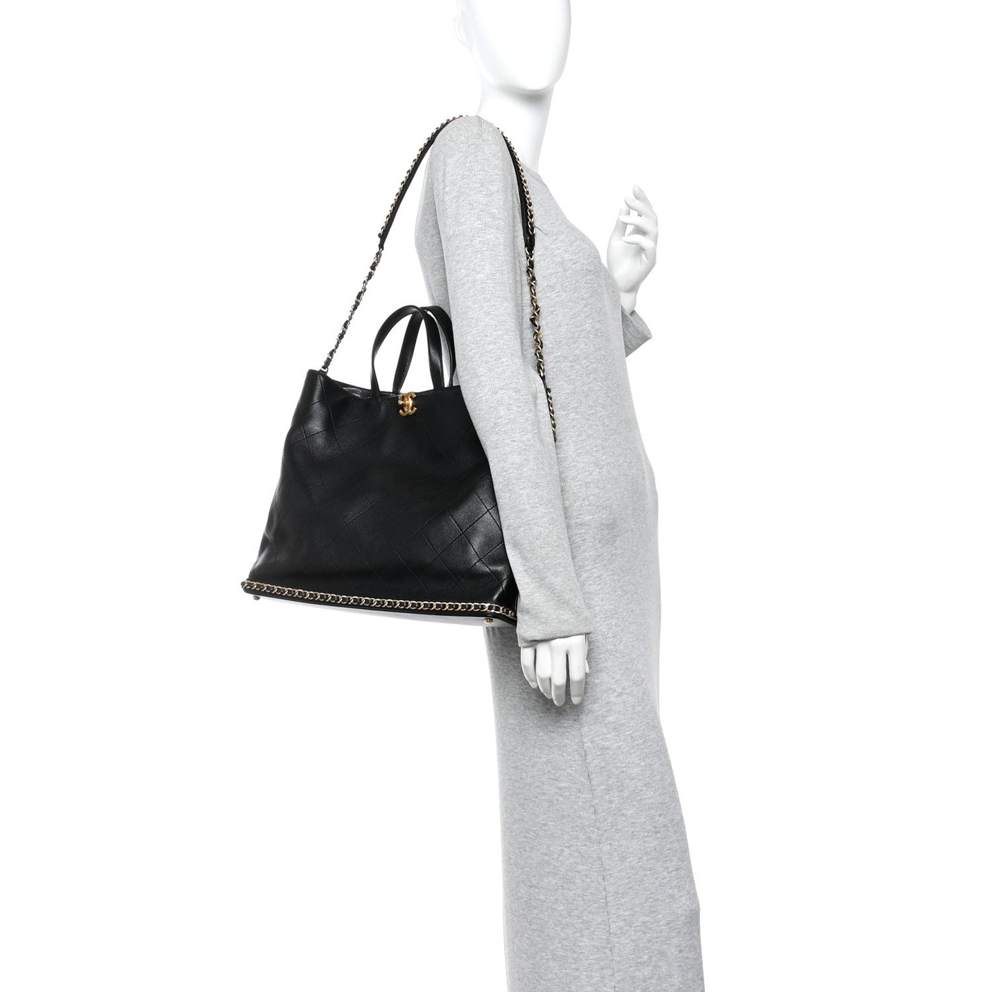 Chanel Shiny Lambskin Quilted Chain Around Shopping Tote Black
