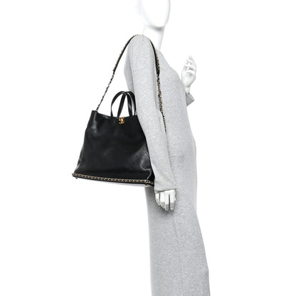 Chanel Shiny Lambskin Quilted Chain Around Shopping Tote Black