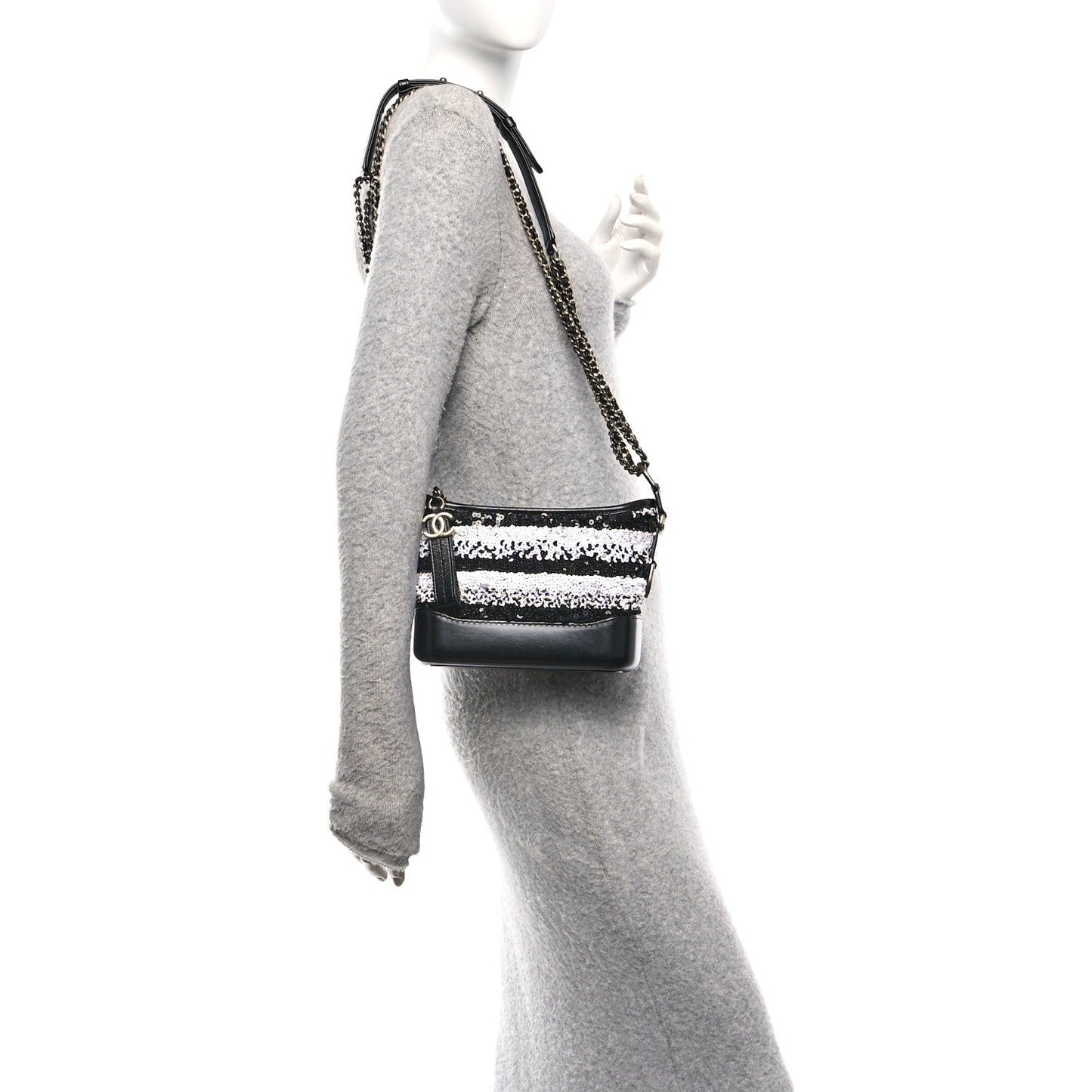 Chanel Sequin Calfskin Small Gabrielle Hobo Black White