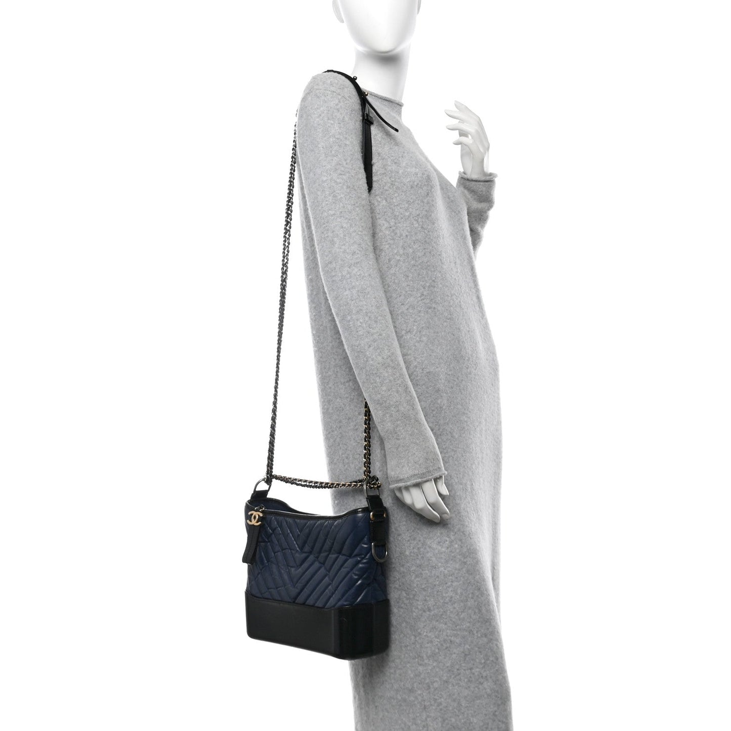 Chanel Aged Calfskin Chevron Quilted Medium Gabrielle Hobo Navy Black