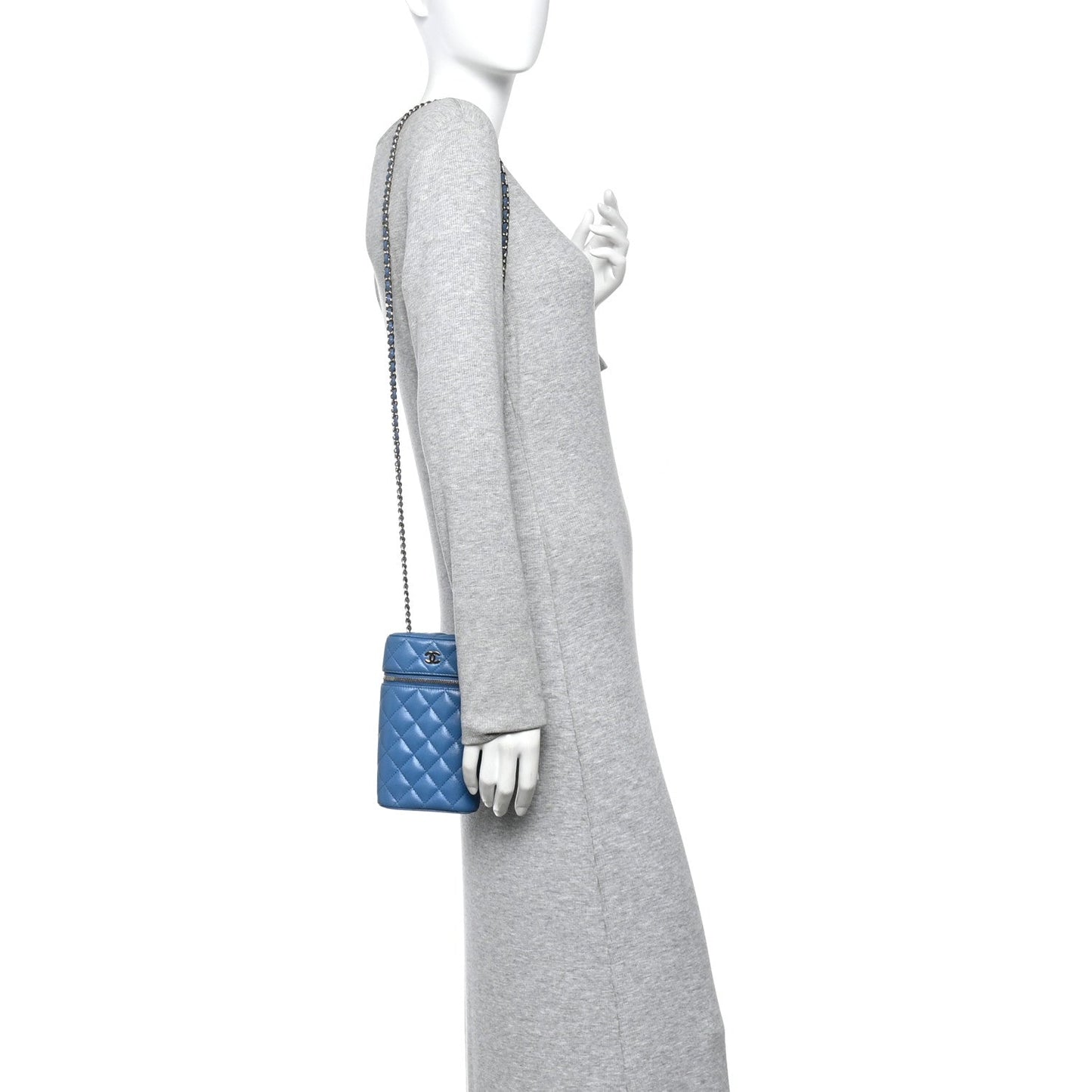 Chanel Caviar Quilted Phone Holder With Chain Blue