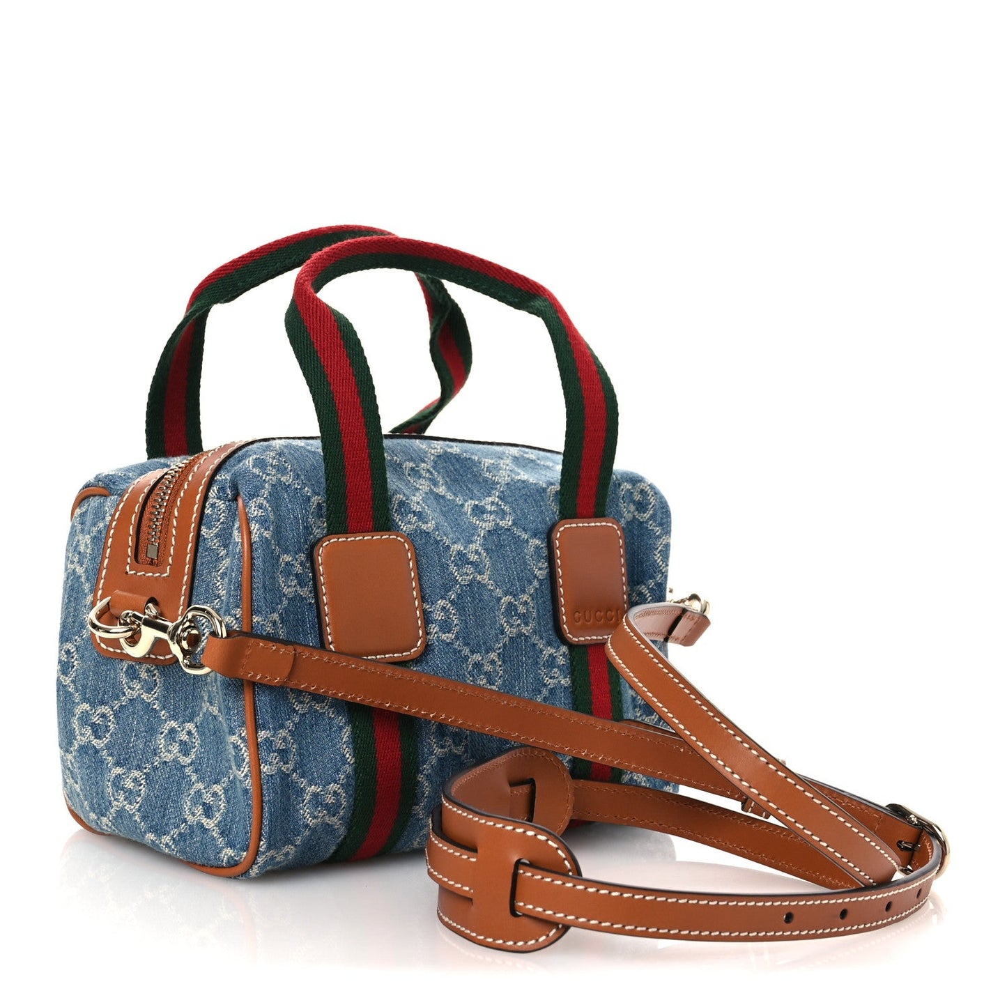 Gucci GG Denim Calfskin Web Mini GG Top Handle Bag Light Blue White