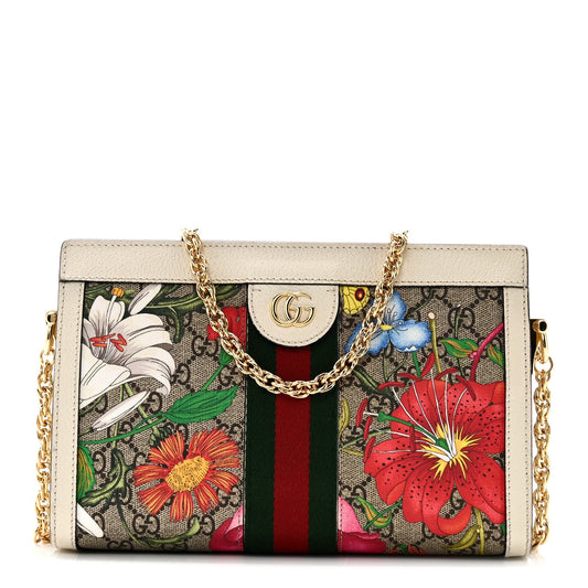 Gucci GG Supreme Monogram Flora Web Small Ophidia Chain Shoulder Bag White