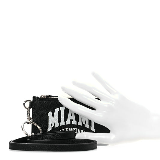 Balenciaga Grained Calfskin Miami Logo Cash Coin Card Holder On Keychain Black