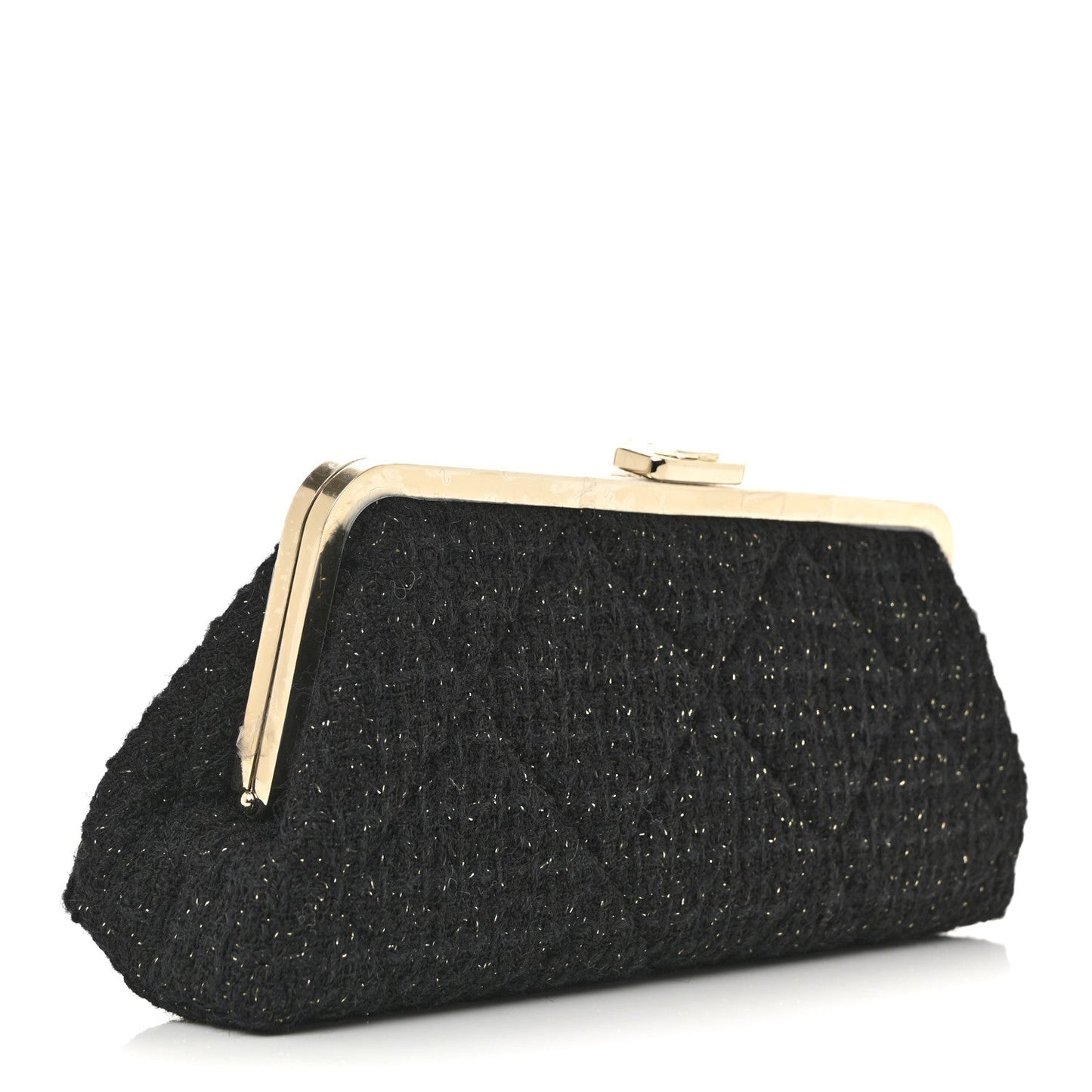 Chanel Tweed Quilted Kiss Lock Clutch Black