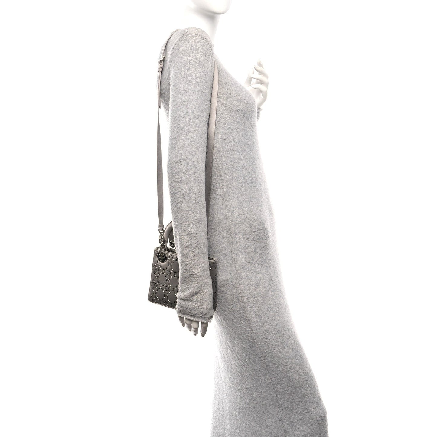 Christian Dior Satin Crystal Cannage Mini Lady Dior Gray