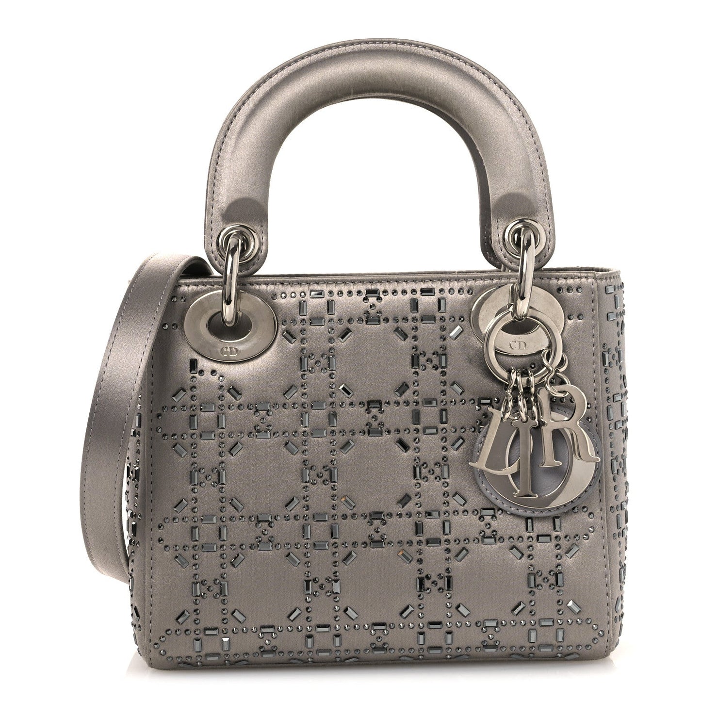 Christian Dior Satin Crystal Cannage Mini Lady Dior Gray
