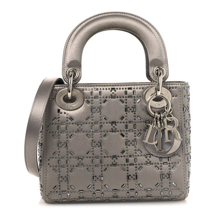 Christian Dior Satin Crystal Cannage Mini Lady Dior Gray