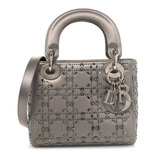 Christian Dior Satin Crystal Cannage Mini Lady Dior Gray