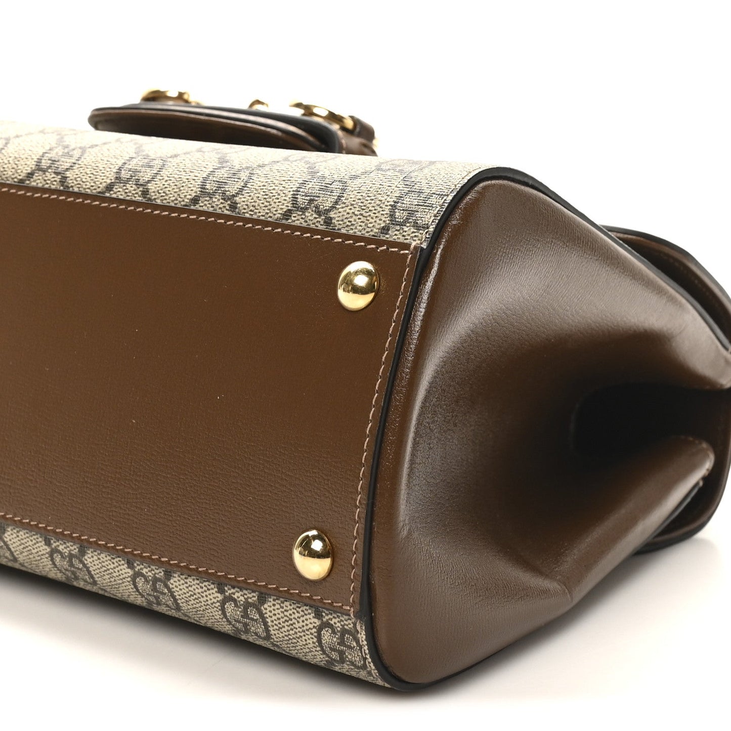 Gucci GG Supreme Monogram Calfskin Medium Horsebit 1955 Top Handle Bag Beige Ebony Brown Sugar