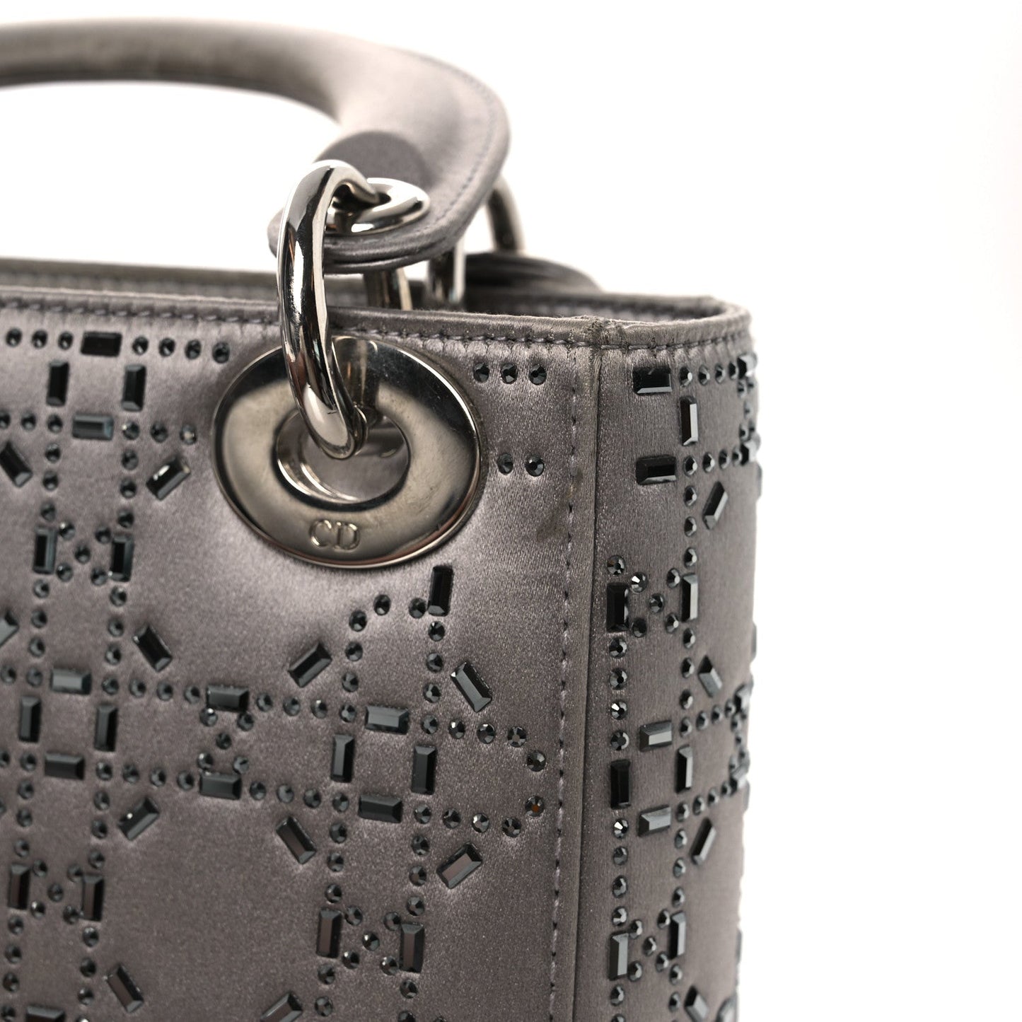 Christian Dior Satin Crystal Cannage Mini Lady Dior Gray