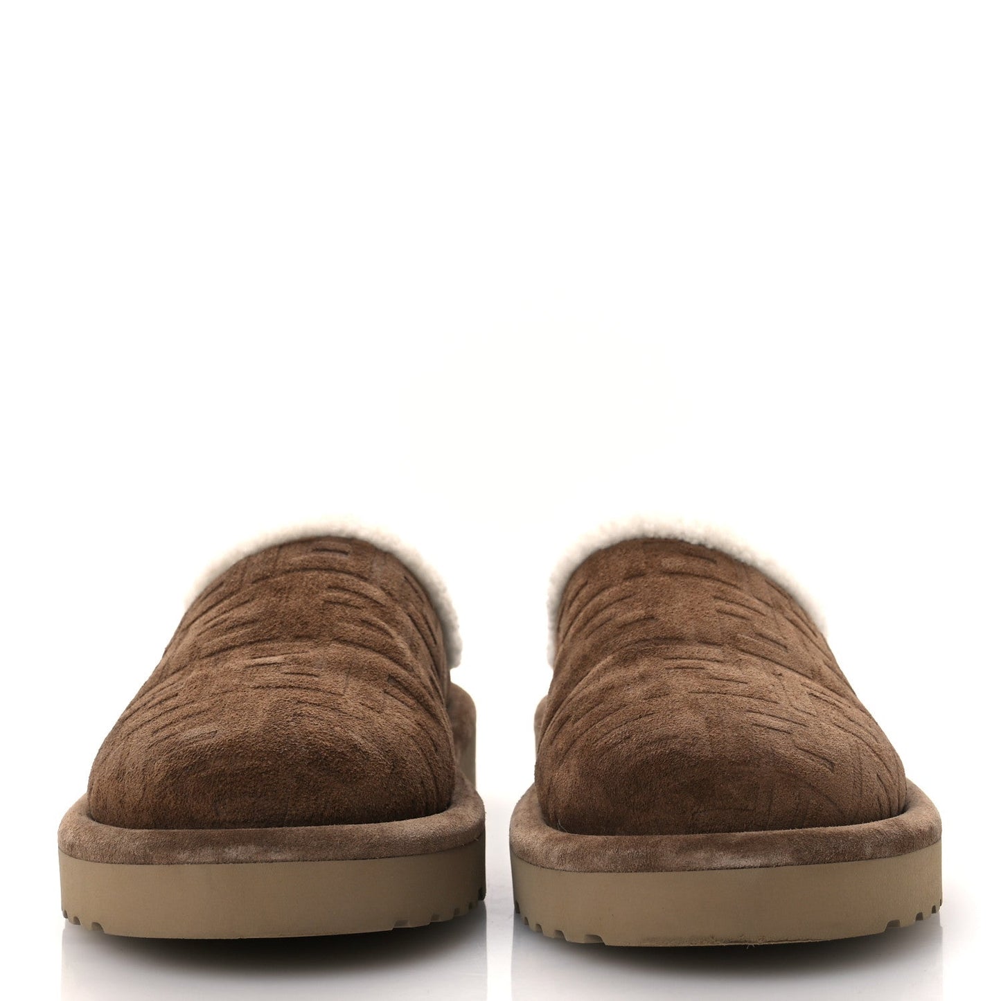 Fendi Suede Shearling FF Embossed Mens Sabot Mules 39 Brown