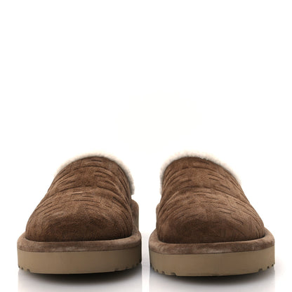 Fendi Suede Shearling FF Embossed Mens Sabot Mules 39 Brown